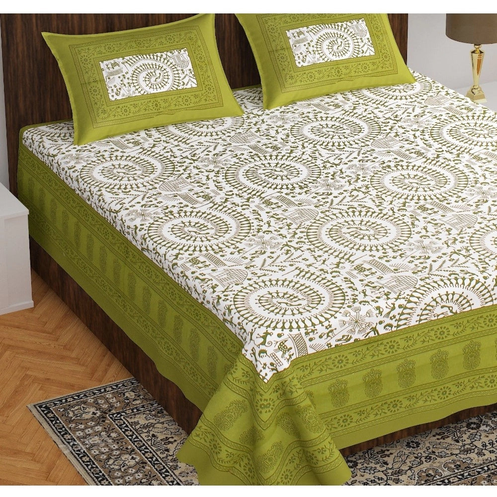 Amfyn Cotton Printed Queen Size Bedsheet With 2 Pillow Covers (Green, 90x100 Inch)