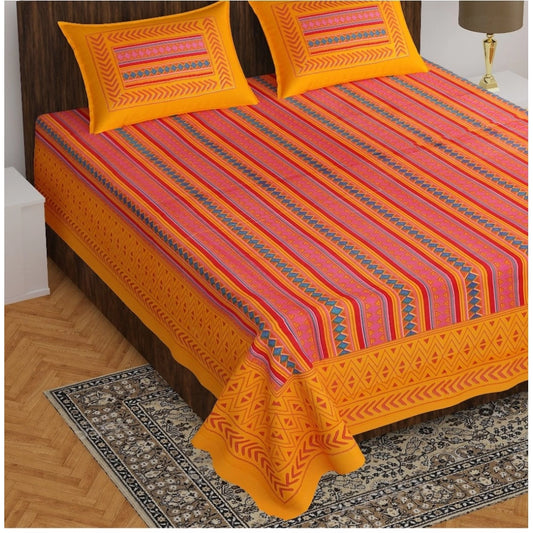 Amfyn Cotton Printed Queen Size Bedsheet With 2 Pillow Covers (Mustard, 90x100 Inch)