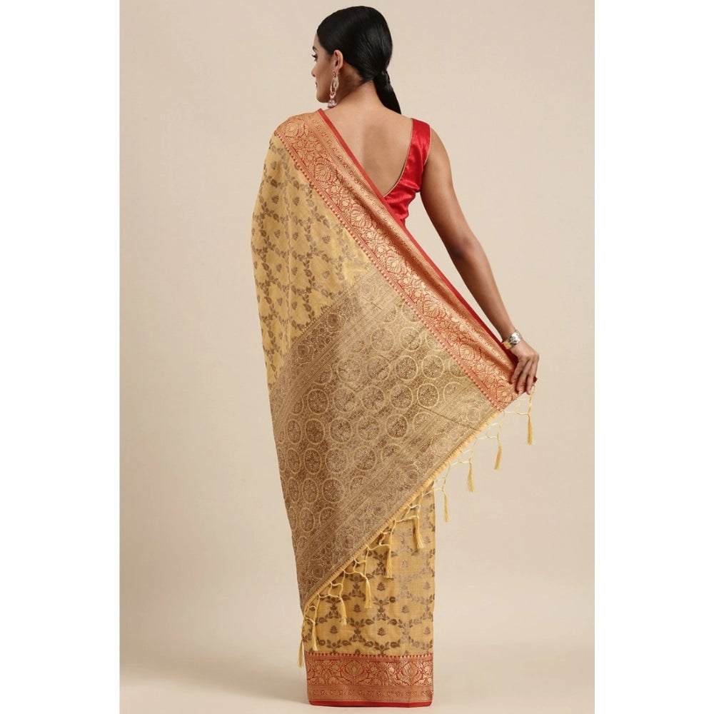 Amfyn Women's Chanderi Cotton Printed Saree With Unstitched Blouse (Yellow, 5-6 Mtrs)