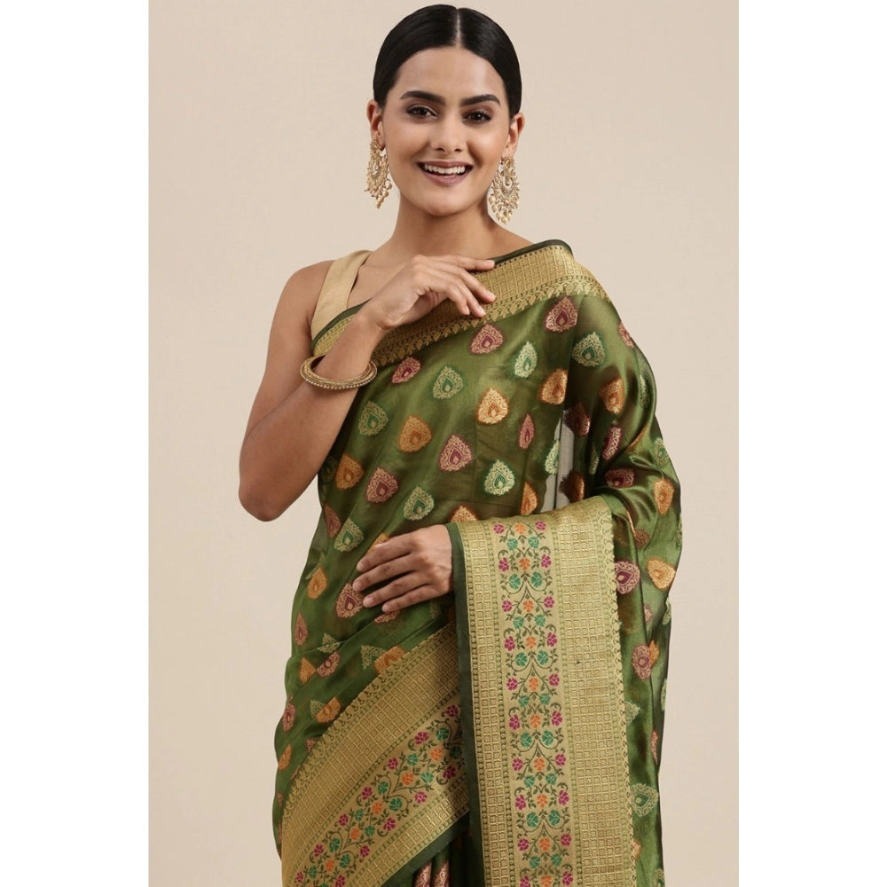 Amfyn Women's Organza Printed Saree With Unstitched Blouse (Mahendi, 5-6 Mtrs)