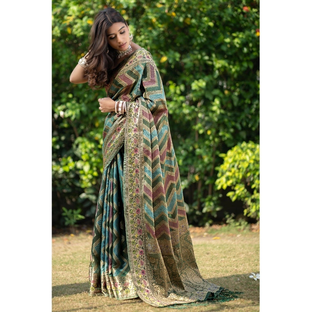 Amfyn Women's Organza Printed Saree With Unstitched Blouse (Green, 5-6 Mtrs)