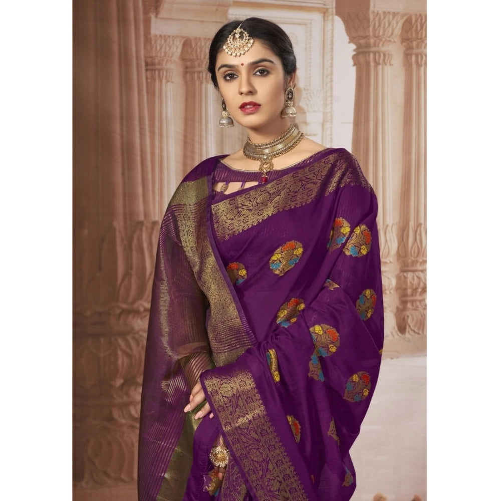 Amfyn Women's Chanderi Cotton Printed Saree With Unstitched Blouse (Purple, 5-6 Mtrs)