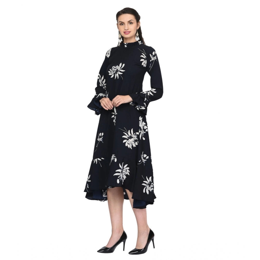 Amfyn Women's Cotton Blend Floral Full Sleeves Dress (Black)