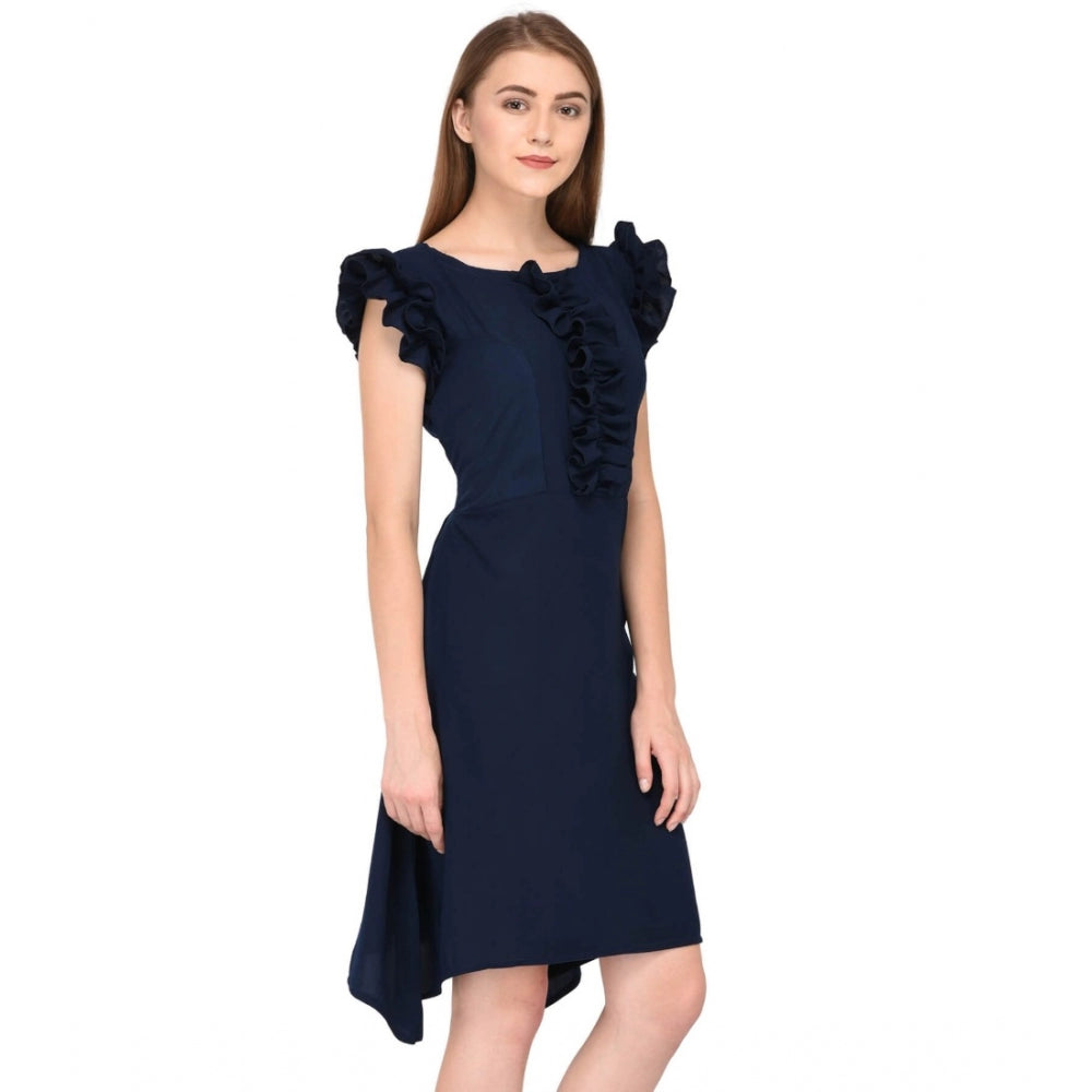 Amfyn Women's Cotton Blend Solid Sleeveless Dress (Blue)