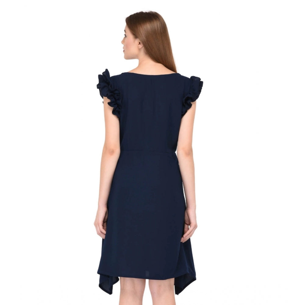 Amfyn Women's Cotton Blend Solid Sleeveless Dress (Blue)