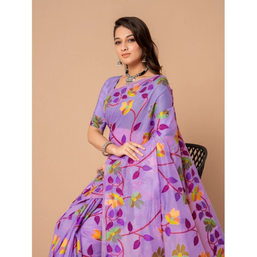 Amfyn Women's Cotton Printed Saree With Unstitched Blouse (Lavender, 5-6 Mtrs)