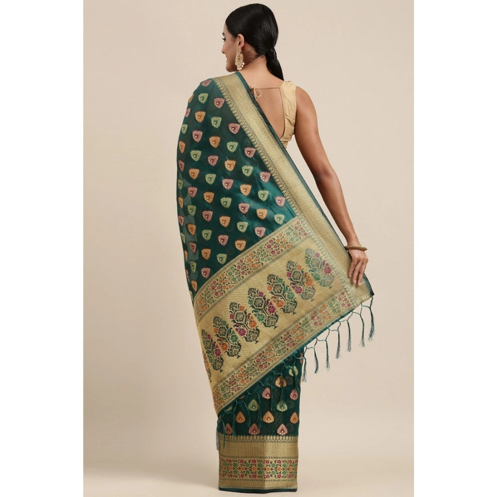 Amfyn Women's Organza Printed Saree With Unstitched Blouse (Sea Green, 5-6 Mtrs)