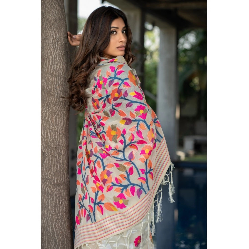 Amfyn Women's Cotton Printed Saree With Unstitched Blouse (Off-White, 5-6 Mtrs)