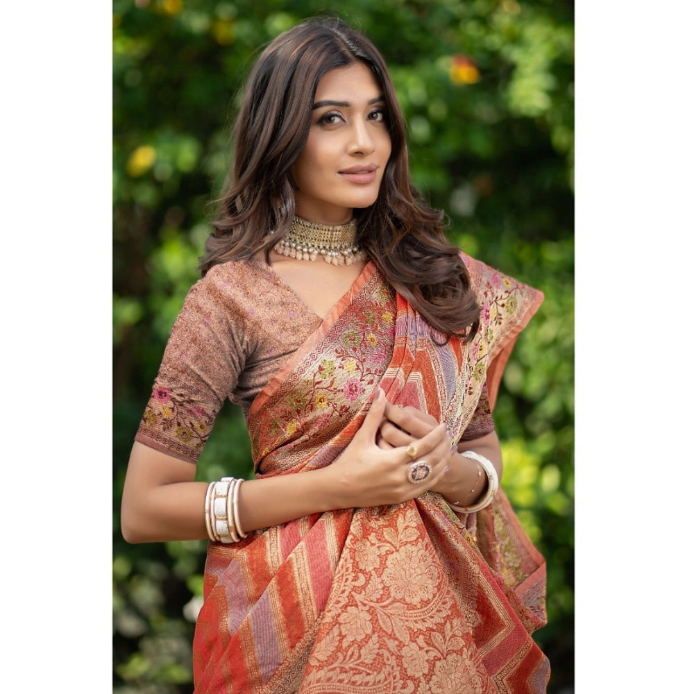 Amfyn Women's Organza Printed Saree With Unstitched Blouse (Orange, 5-6 Mtrs)