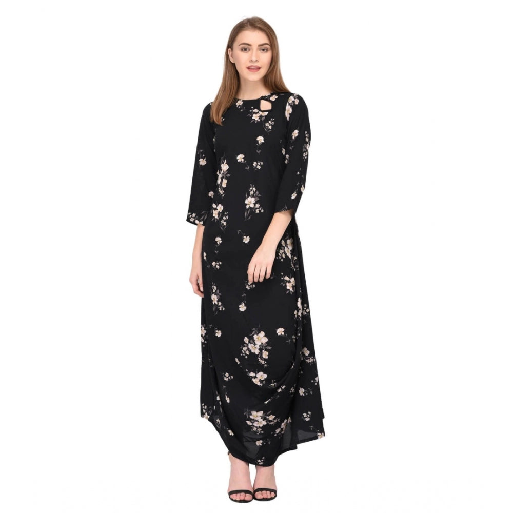 Amfyn Women's Cotton Blend Abstract Full Sleeves Dress (Black)