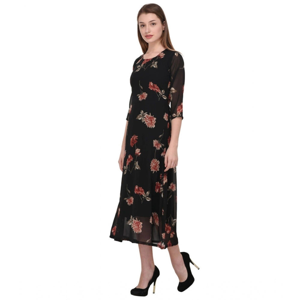 Amfyn Women's Cotton Blend Floral 3-4 Sleeve Dress (Black)