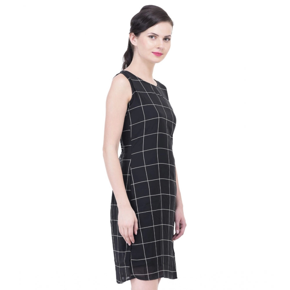 Amfyn Women's Cotton Blend Checked Sleeveless Sheath Dress (Black)