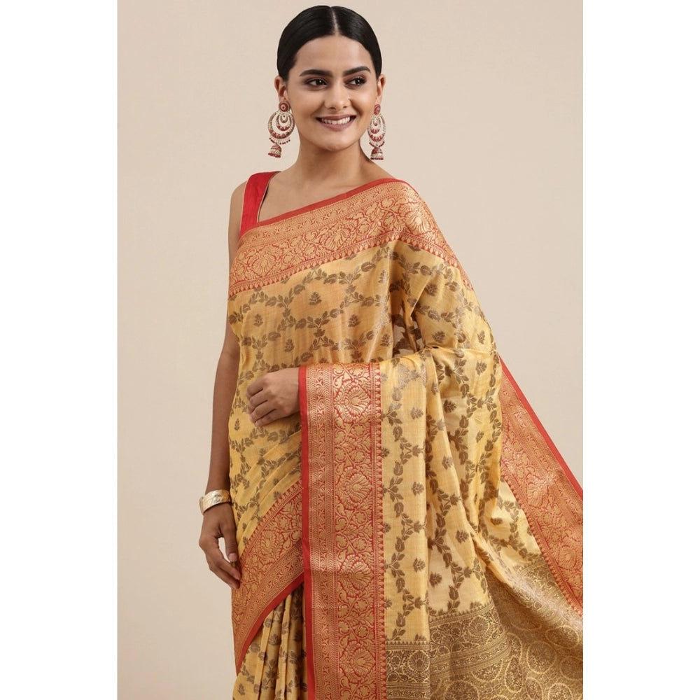 Amfyn Women's Chanderi Cotton Printed Saree With Unstitched Blouse (Yellow, 5-6 Mtrs)
