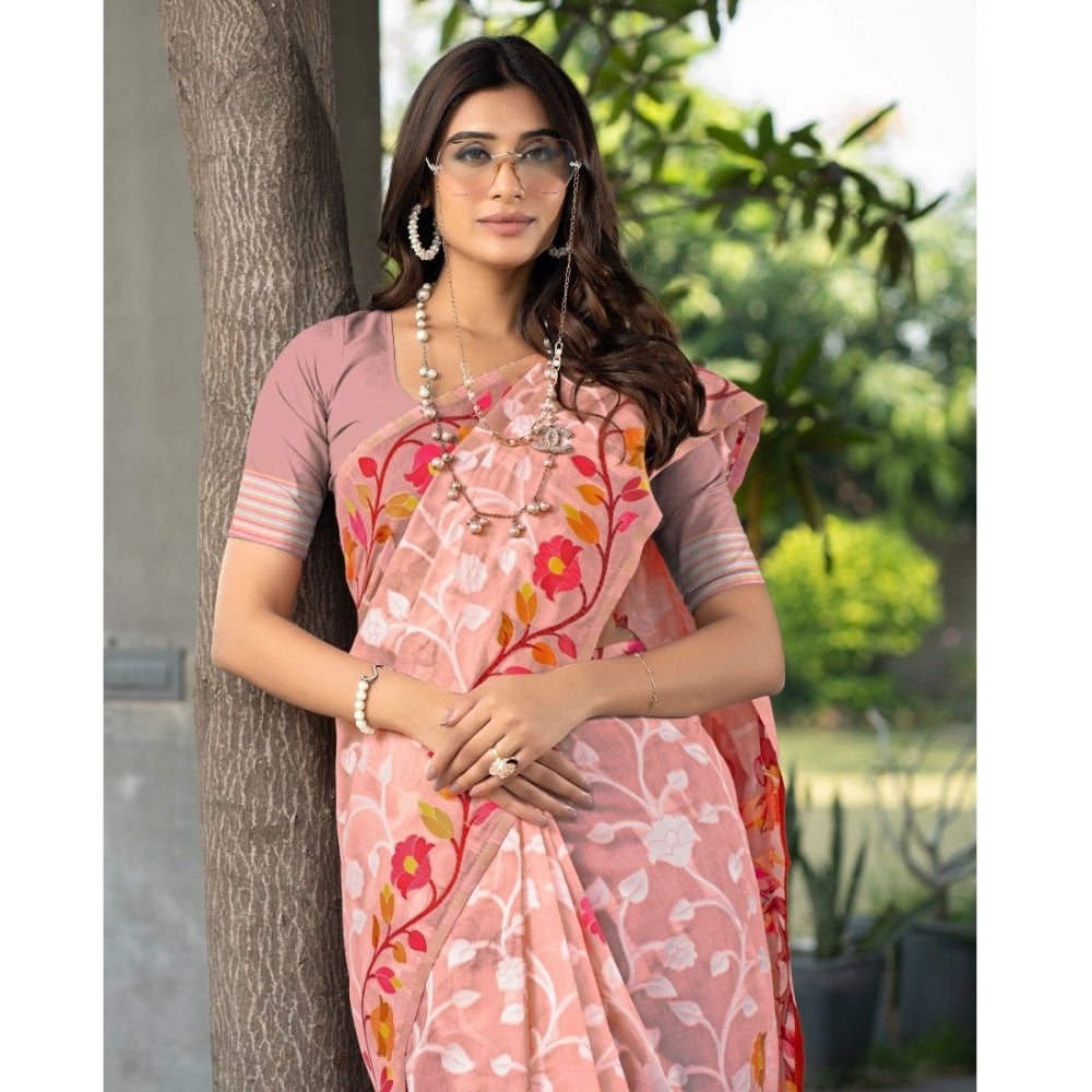 Amfyn Women's Cotton Printed Saree With Unstitched Blouse (Peach, 5-6 Mtrs)
