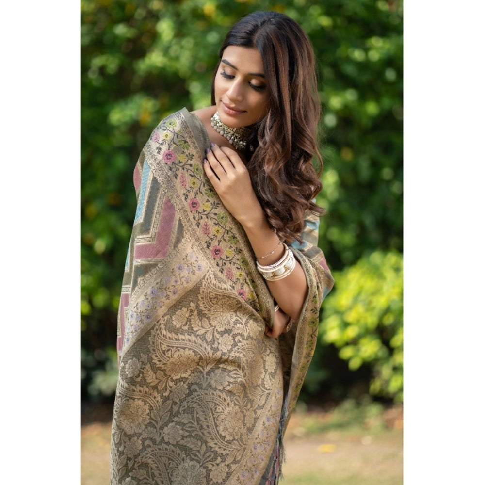 Amfyn Women's Organza Printed Saree With Unstitched Blouse (Grey, 5-6 Mtrs)