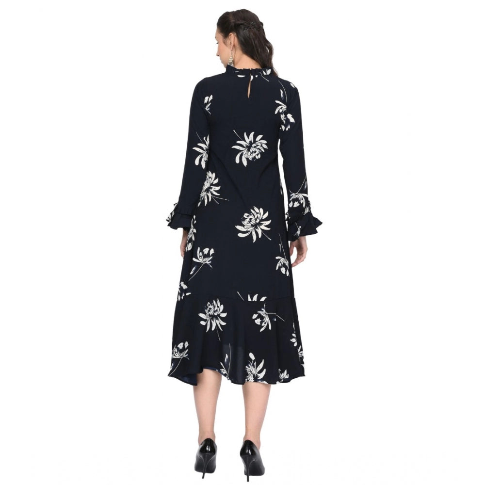 Amfyn Women's Cotton Blend Floral Full Sleeves Dress (Black)