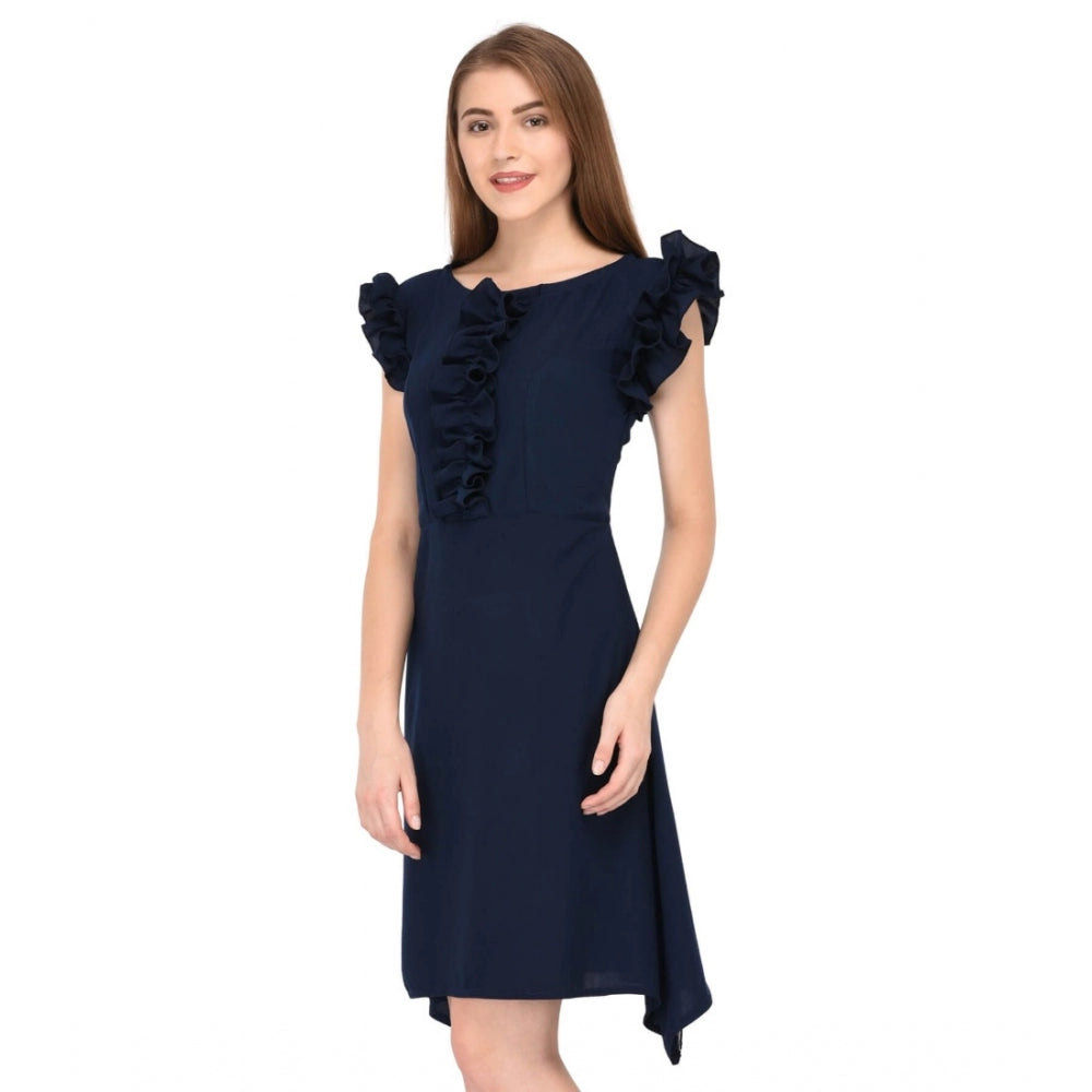 Amfyn Women's Cotton Blend Solid Sleeveless Dress (Blue)