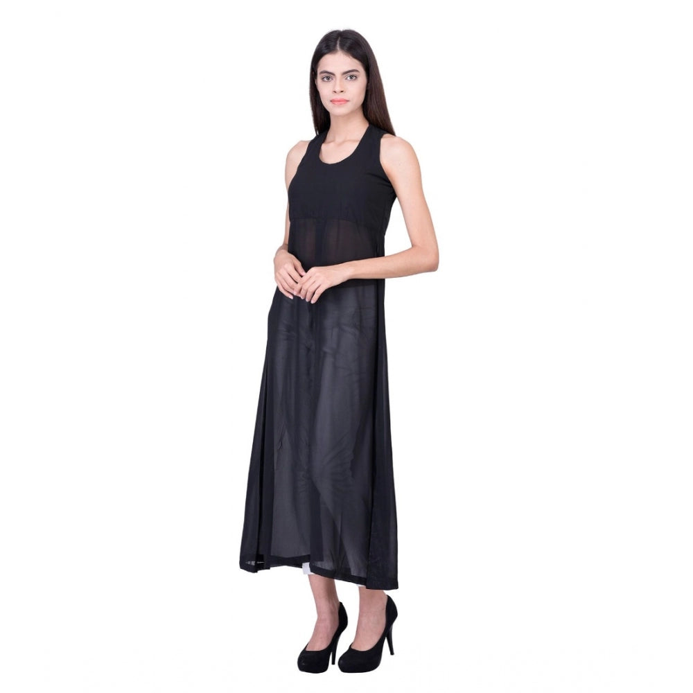 Amfyn Women's Cotton Blend Solid Sleeveless Dress (Black)