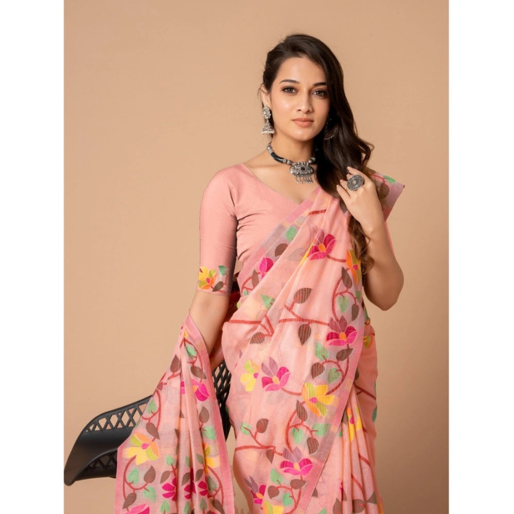 Amfyn Women's Cotton Printed Saree With Unstitched Blouse (Pink, 5-6 Mtrs)