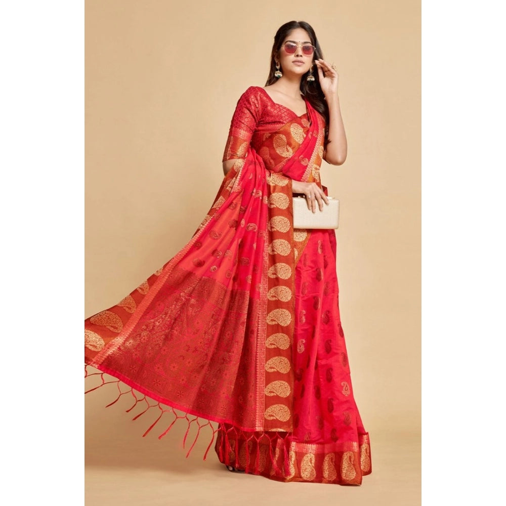 Amfyn Women's Chanderi Cotton Printed Saree With Unstitched Blouse (Pink, 5-6 Mtrs)