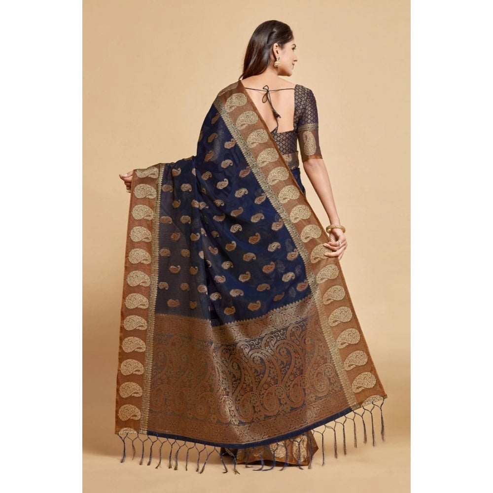 Amfyn Women's Chanderi Cotton Printed Saree With Unstitched Blouse (Navy Blue, 5-6 Mtrs)