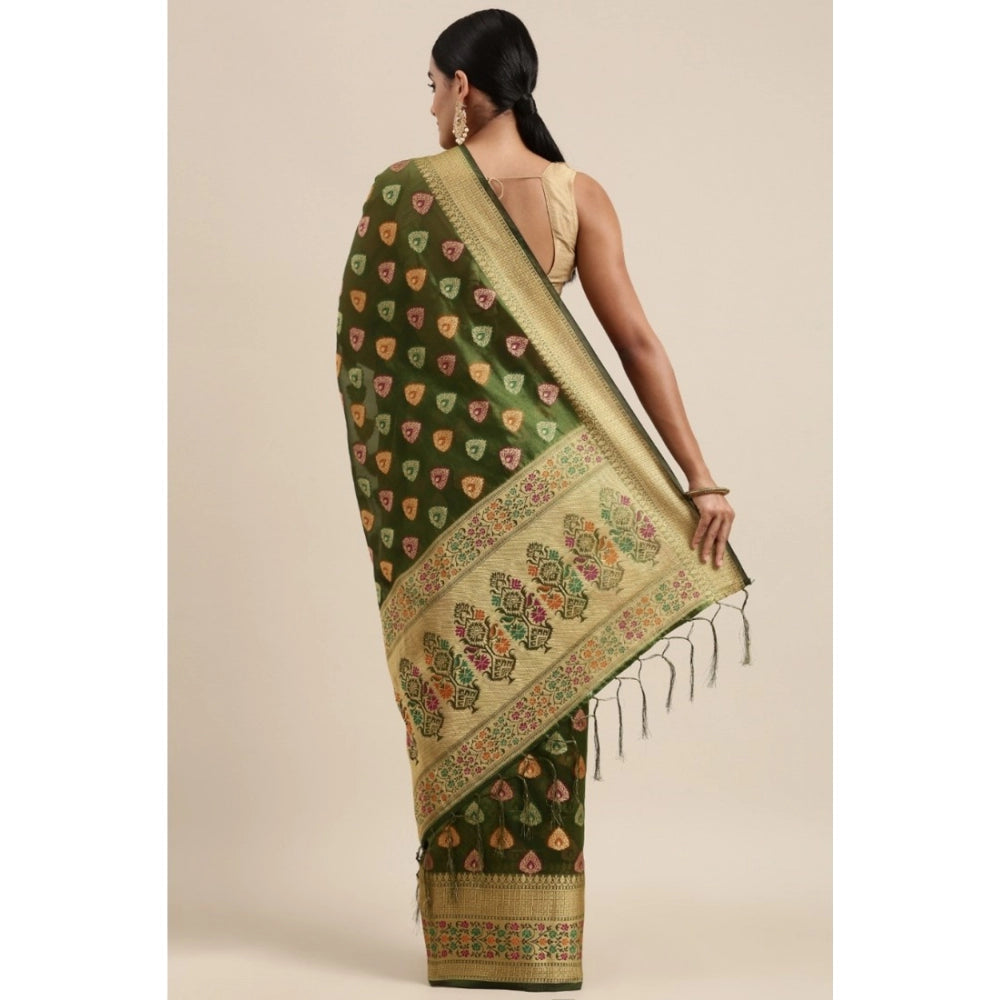 Amfyn Women's Organza Printed Saree With Unstitched Blouse (Mahendi, 5-6 Mtrs)