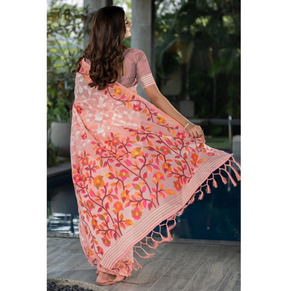 Amfyn Women's Cotton Printed Saree With Unstitched Blouse (Peach, 5-6 Mtrs)