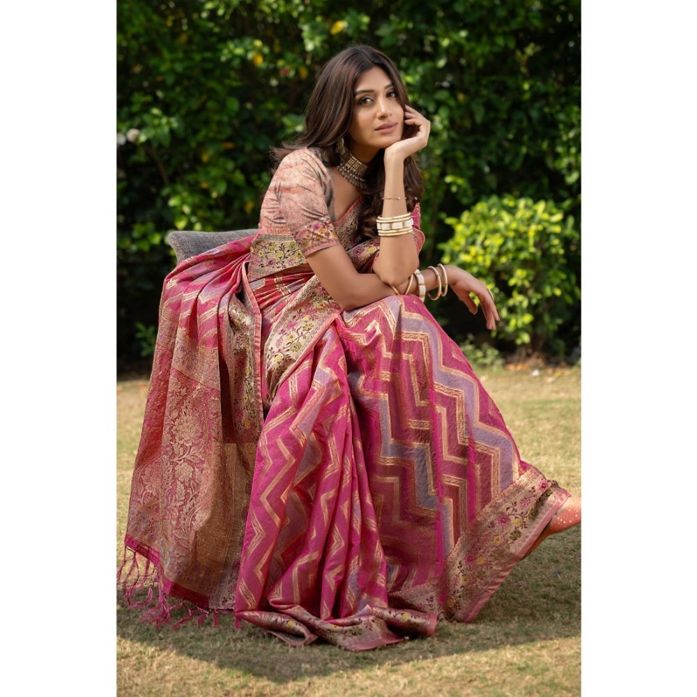 Amfyn Women's Organza Printed Saree With Unstitched Blouse (Pink, 5-6 Mtrs)