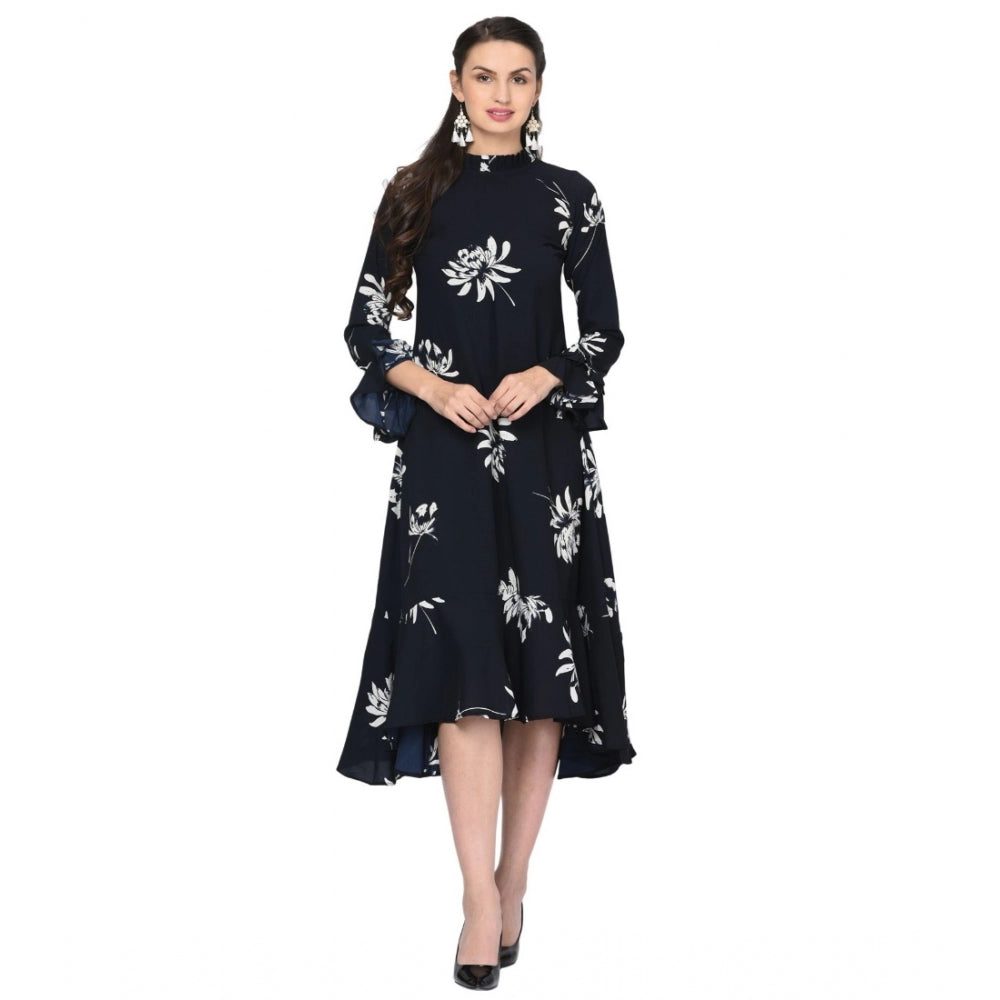 Amfyn Women's Cotton Blend Floral Full Sleeves Dress (Black)