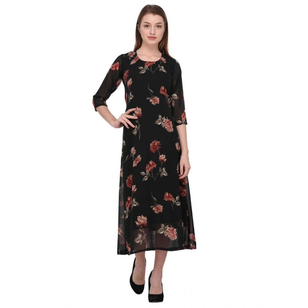 Amfyn Women's Cotton Blend Floral 3-4 Sleeve Dress (Black)