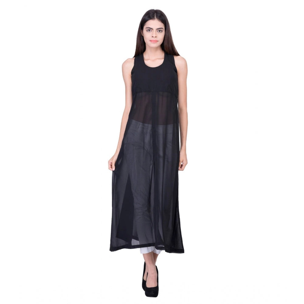 Amfyn Women's Cotton Blend Solid Sleeveless Dress (Black)
