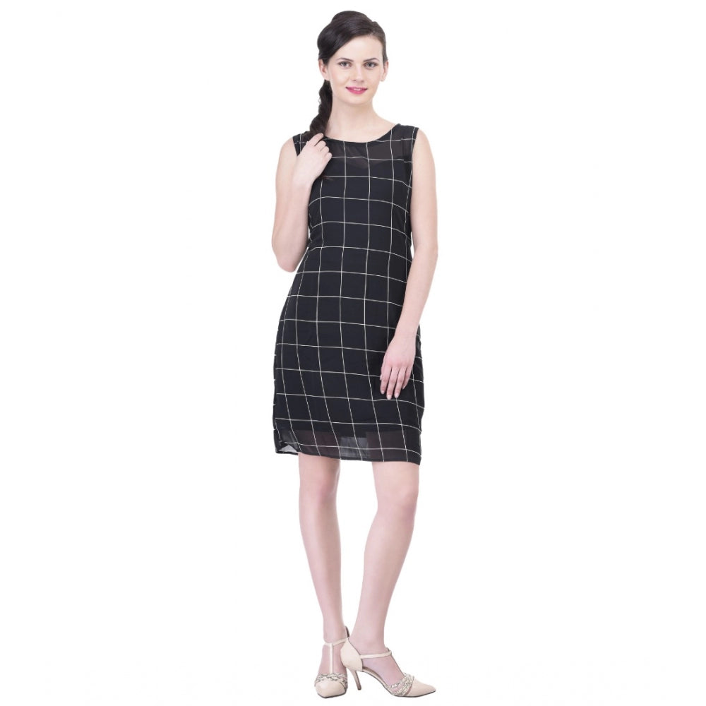 Amfyn Women's Cotton Blend Checked Sleeveless Sheath Dress (Black)
