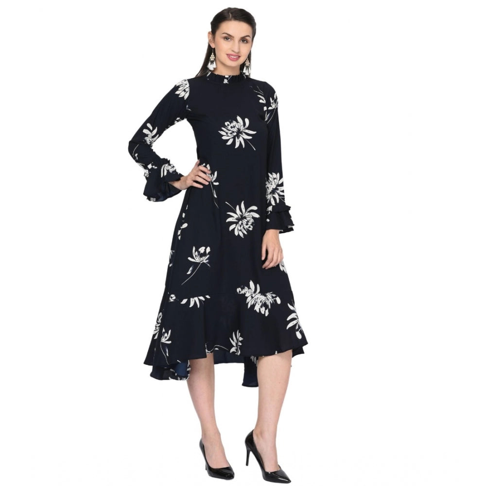 Amfyn Women's Cotton Blend Floral Full Sleeves Dress (Black)