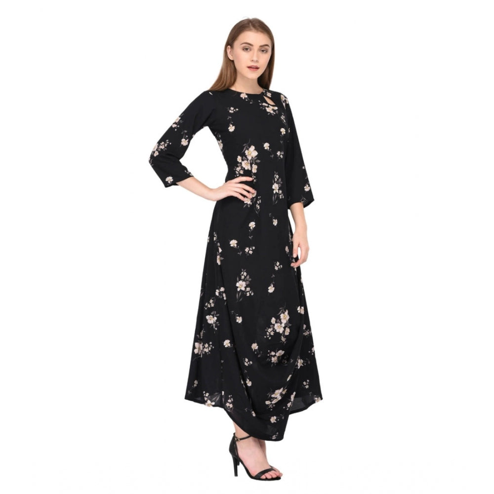 Amfyn Women's Cotton Blend Abstract Full Sleeves Dress (Black)