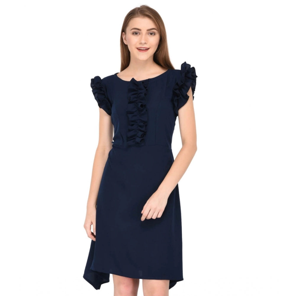 Amfyn Women's Cotton Blend Solid Sleeveless Dress (Blue)
