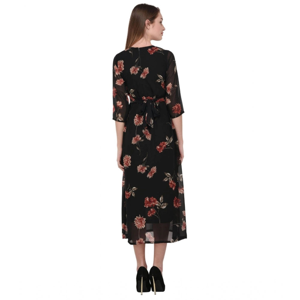 Amfyn Women's Cotton Blend Floral 3-4 Sleeve Dress (Black)