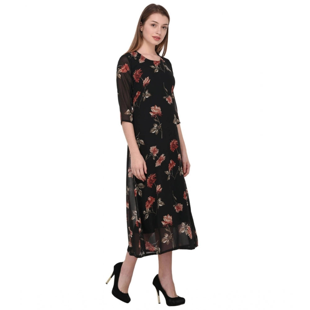 Amfyn Women's Cotton Blend Floral 3-4 Sleeve Dress (Black)