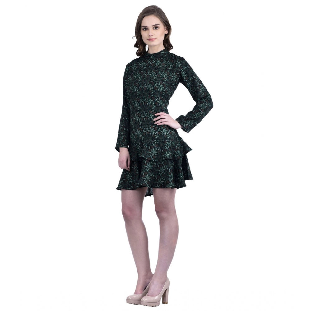 Amfyn Women's Cotton Blend Floral Full Sleeves Dress (Green)