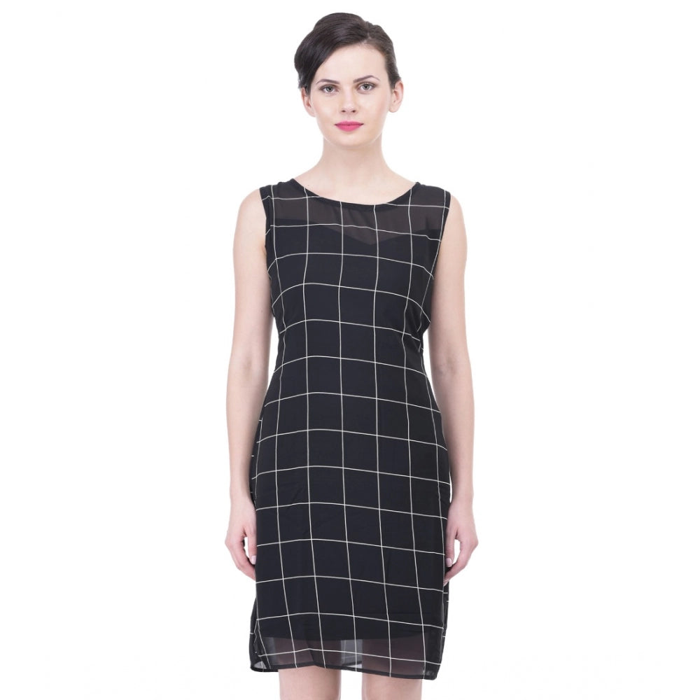 Amfyn Women's Cotton Blend Checked Sleeveless Sheath Dress (Black)