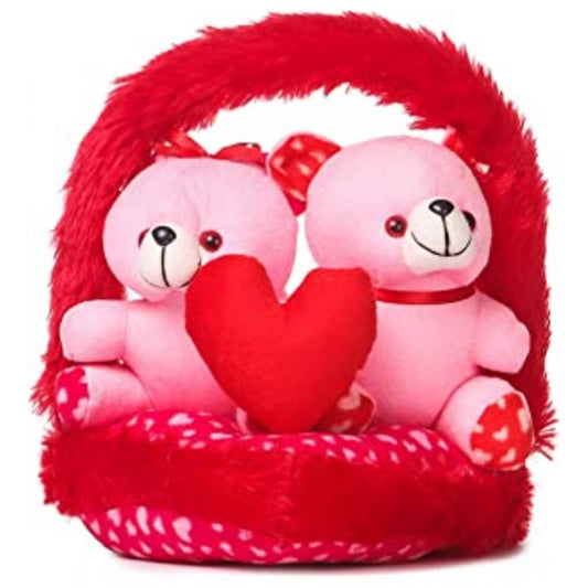 Amfyn Teddy Bear Couple Love in Basket (Red And Pink)