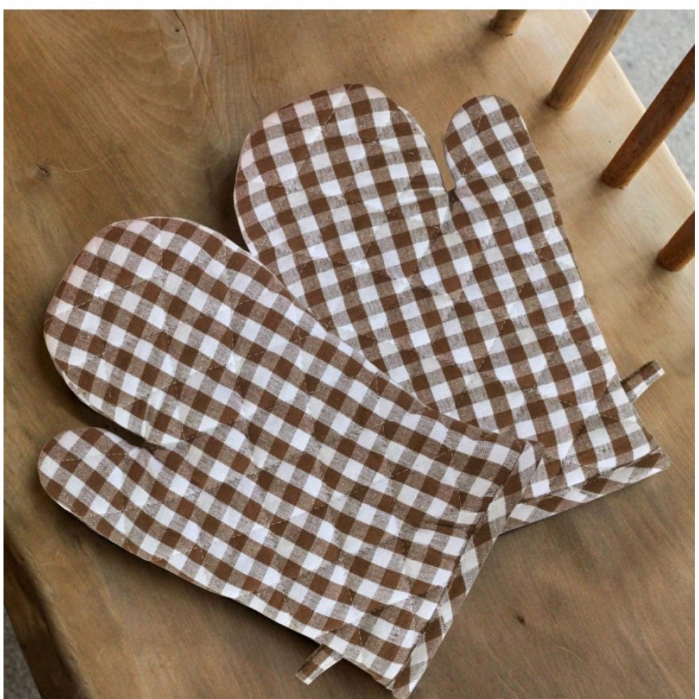 Fashion Checkered Cotton Oven Mitten (Brown)