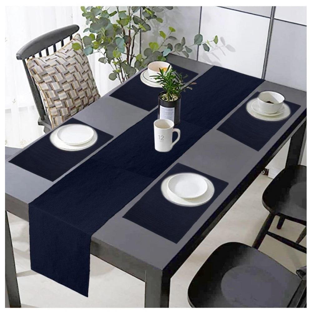 Amfyn Ribbed Cotton Table Runner and Placemats Sets (Navy Blue)