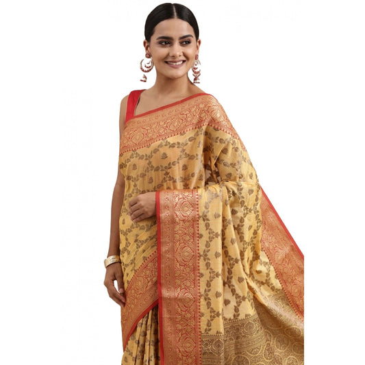 Amfyn Women's Chanderi Cotton Printed Saree With Unstitched Blouse (Yellow, 5-6 Mtrs)
