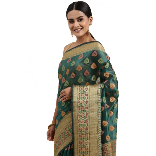 Amfyn Women's Organza Printed Saree With Unstitched Blouse (Sea Green, 5-6 Mtrs)