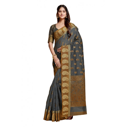 Amfyn Women's Chanderi Cotton Printed Saree With Unstitched Blouse (Grey, 5-6 Mtrs)