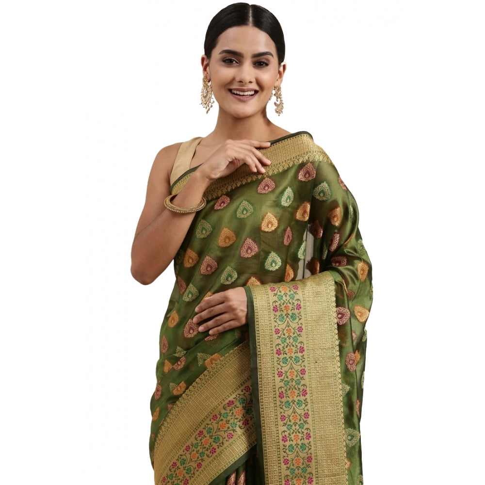 Amfyn Women's Organza Printed Saree With Unstitched Blouse (Mahendi, 5-6 Mtrs)