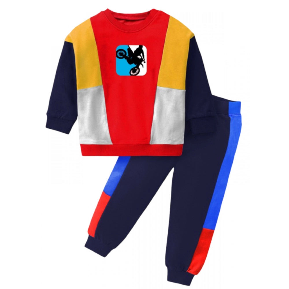 Amfyn Boy's Casual Full Sleeve Printed Cotton T Shirt With Pant (Red)