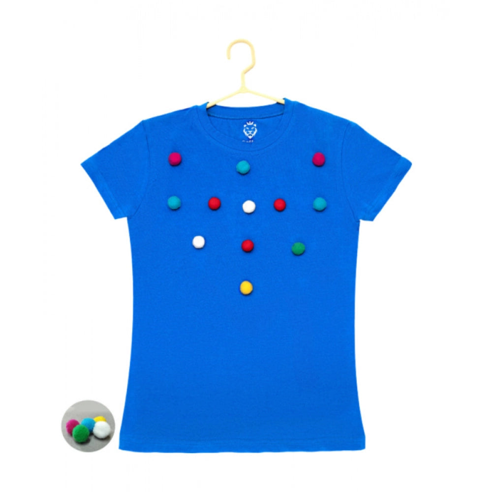 Amfyn Girl's Casual Short Sleeve Pom Pom Balls Cotton T Shirt (Royal Blue)