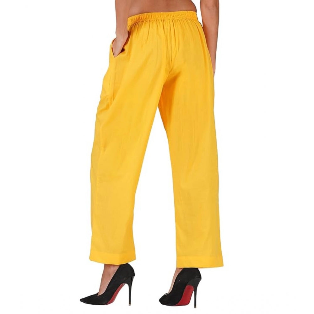Amfyn Women's Casual Cotton Cambric Solid Elastic Palazzo Trousers (Yellow)