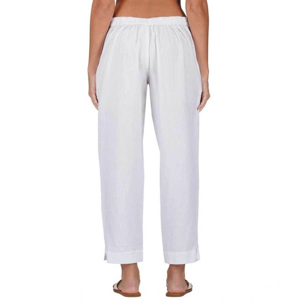 Amfyn Women's Casual Cotton Flax Solid Adjustable Waist Trouser Pants (White)